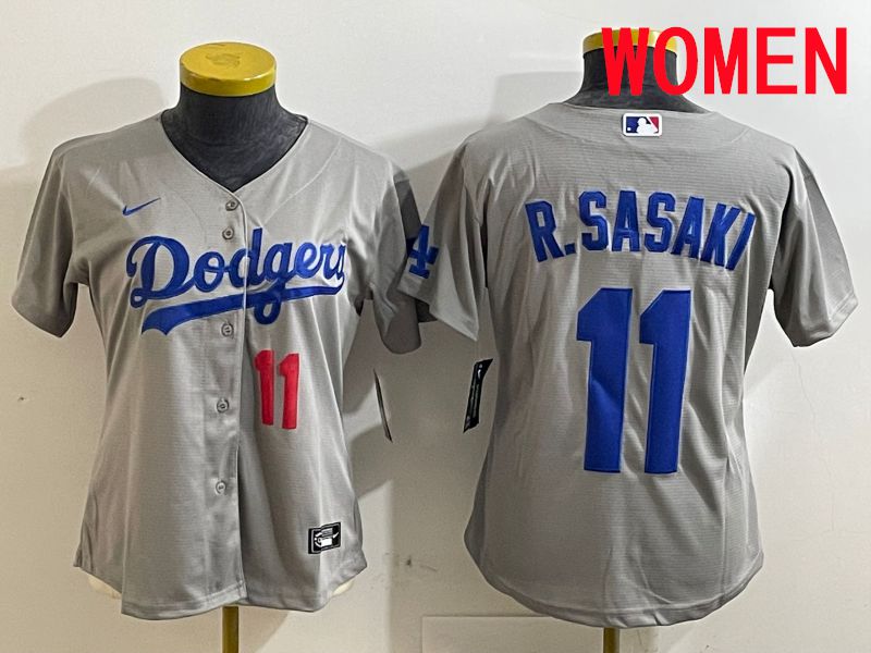 Women Los Angeles Dodgers #11 R.Sasaki Grey Game 2025 Nike MLB Jersey style 6->women mlb jersey->Women Jersey